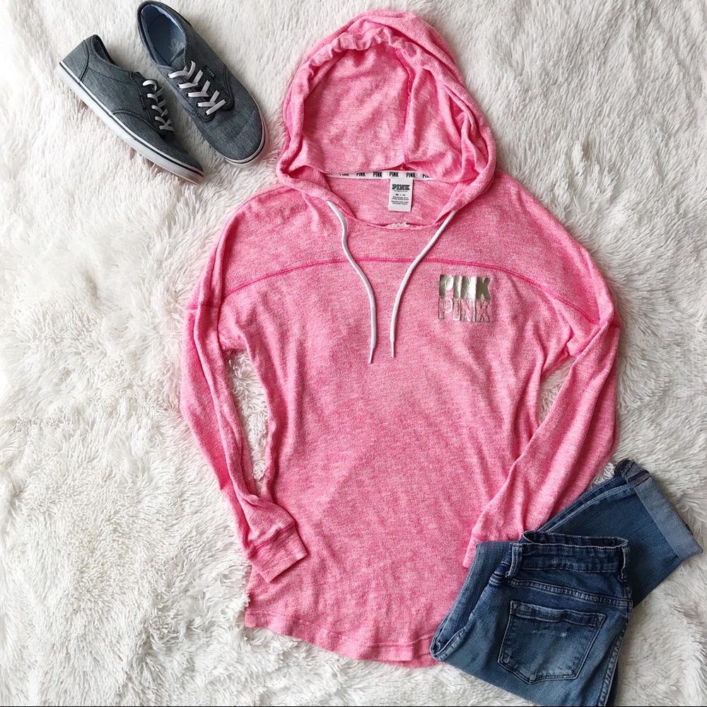 Pink VS pullover hoodie pink with cutout back metallic logo Sz XS